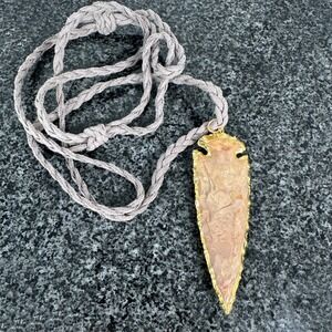 Large Pink Tourmaline Arrowhead Pendant Gold Foil Edge Braided Leather Cord